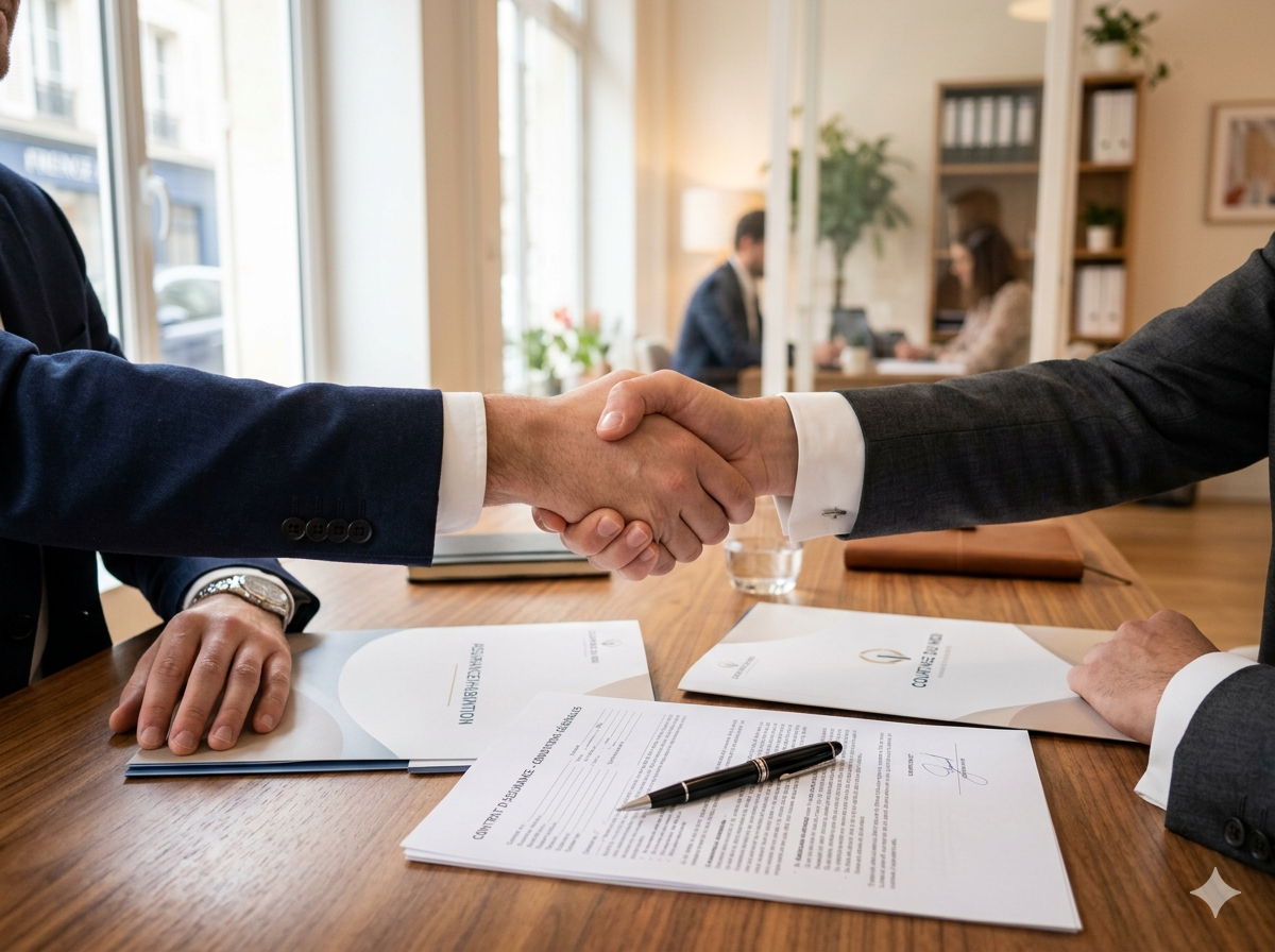 Poignée de main entre Quentin Dulout, courtier en assurances à Tarbes, et un client lors de la signature d'un contrat